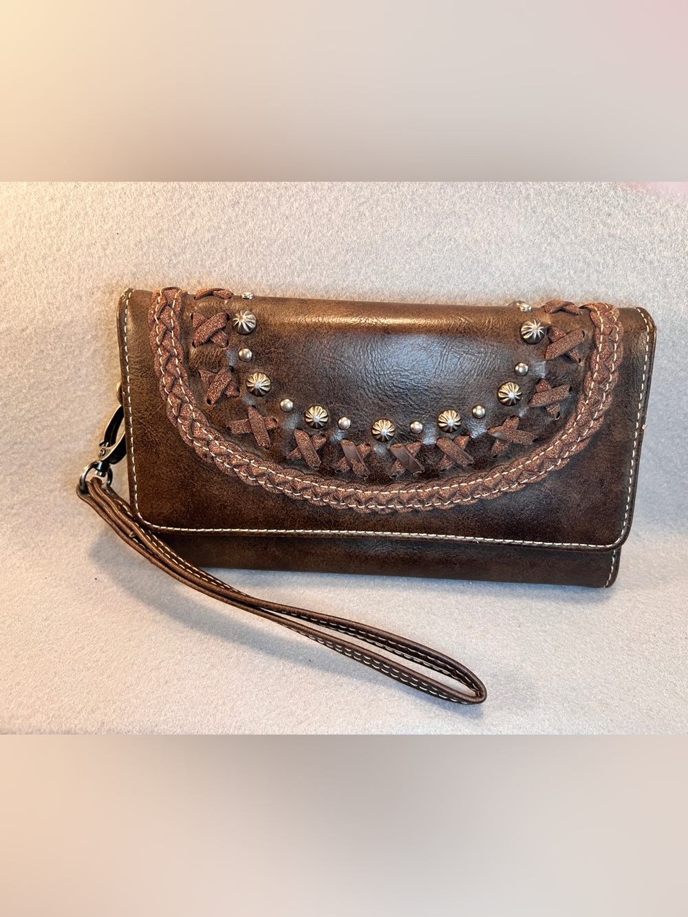 Montana West Brown Western Tooled Studded Wristlet Wallet